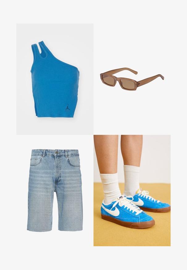 Blauw geribd tanktop met een schouderontwerp, twee bandjes en een klein zwart logo-accent rechtsonder.; Leren denim shorts in lichtblauw, met een klassieke vijf-pocket stijl, knoopsluiting, recht model en subtiele vervaging op de stof.; Blauwe suède Nike sneakers met witte accenten, platte veters en bruine rubberen zolen, gecombineerd met geribbelde witte sokken.; Bruine, rechthoekige zonnebril met een transparant montuur, slanke pootjes en getinte lenzen, met een gladde textuur en modern ontwerp.