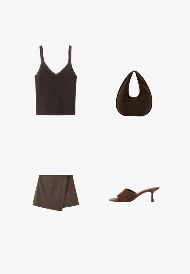 Débardeur tricoté marron sans manches avec un col en V, présentant une texture lisse légèrement brillante et une silhouette ajustée.; Mini-jupe cache-cœur asymétrique marron en tissu lisse, avec un panneau avant chevauchant la couche de base.; Mule en daim marron à bout ouvert, talon en bois incurvé de hauteur moyenne et design à enfiler sur fond blanc.; Sac à main en daim marron foncé en forme de croissant avec une seule sangle large et une texture lisse sur fond blanc.