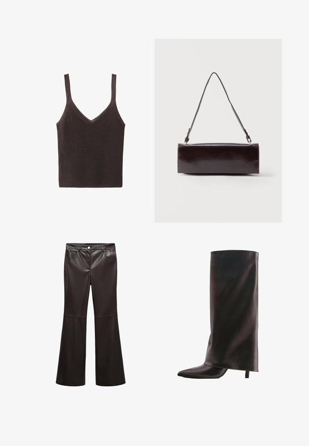 Débardeur tricoté marron sans manches avec un col en V, présentant une texture lisse légèrement brillante et une silhouette ajustée.; Pantalons évasés noirs en faux cuir lisse, dotés de poches avant, d'une fermeture éclair et d'un bouton argenté. Détails de couture accentués.; Botte haute noire en cuir avec un bout pointu et un talon fin de hauteur moyenne sur fond blanc.; Sac à main rectangulaire en cuir noir avec une longue bandoulière unique et une finition brillante, présenté sur un fond blanc uni.