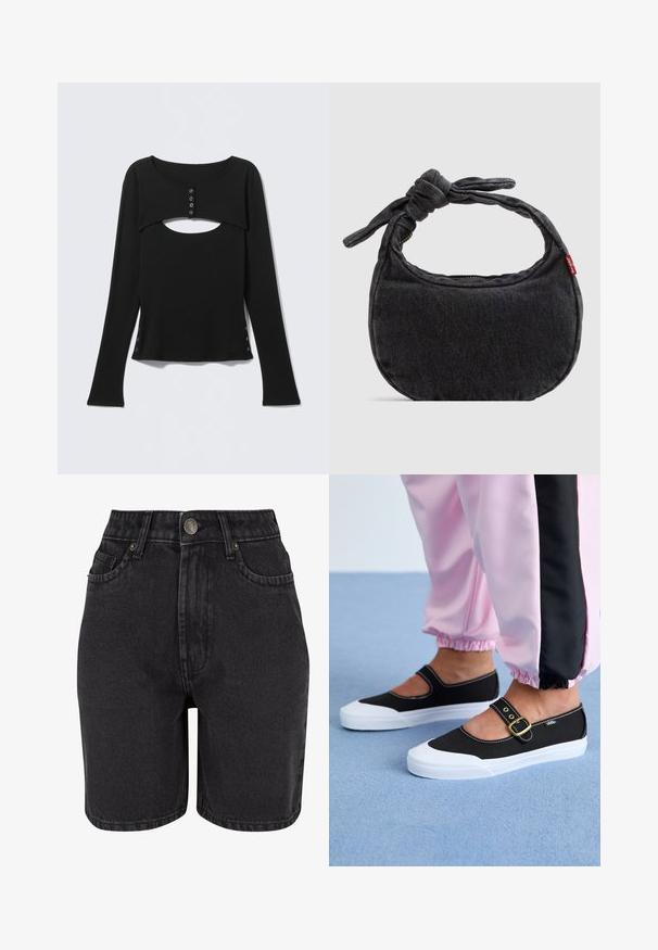 Schwarzes langärmliges Oberteil mit ausgeschnittenem Ausschnitt, geknöpftem Frontsteg und Druckknopfdetails an den Seiten. Hergestellt aus glattem Stoff.; Schwarze Denim-Shorts mit hoher Taille, Fünf-Taschen-Design und Metallknopfverschluss. Der Stoff hat eine glatte Textur mit dezentem Verblassen.; Schwarze Leinenschuhe mit einer weißen Sohle, die ein Ausschnittdesign und einen goldenen Schnallenriegel aufweisen. Getragen mit rosa Sporthosen.; Kleine schwarze Jeans-Umhängetasche mit geknotetem Riemen und Reißverschluss, mit einem roten Levi's Stoffetikett an der Seite.