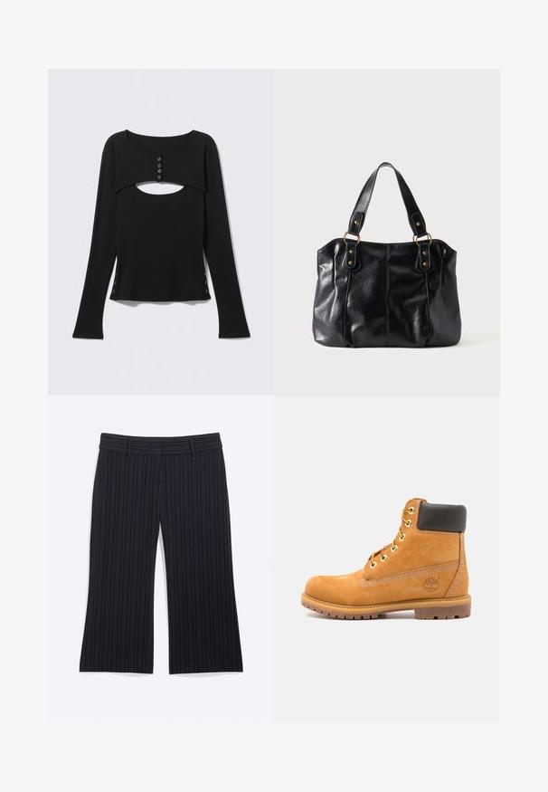 Black long-sleeve top featuring a cut-out neckline, buttoned front placket, and snap details along the sides. Made of smooth fabric.; Black wide-leg pants with thin vertical white pinstripes and belt loops, displayed flat on a plain background.; Brown leather ankle boot with black padding, gold eyelets, and a textured sole. Features a circular logo on the side and stitching accents.; Black leather shoulder bag with double straps attached by gold rings and rivets, smooth and slightly shiny surface, simple design.