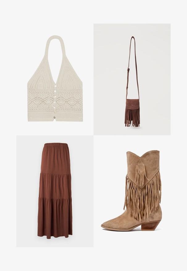 Pletený halter top v krémovej farbe s geometrickým vzorom, hlbokým výstrihom do V a piatimi prednými gombíkmi s textúrovaným dokončením na leme.; Hnedá vrstvená maxi sukňa s elastickým pásom, vyrobená z mäkkej, ľahkej tkaniny, zavesená rovno na bielom pozadí.; Hnedé suede cowboy čižmy s strapcovými akcentmi, špicatou špičkou a nízkym zvinutým opätkom. Obsahuje diamantový tvar nášivky na manžete.; Hnedá semišová kabelka cez rameno s dlhým remienkom, prešívaný dekoratívny vzor na klapke a visiacimi strapcami pozdĺž spodného okraja.