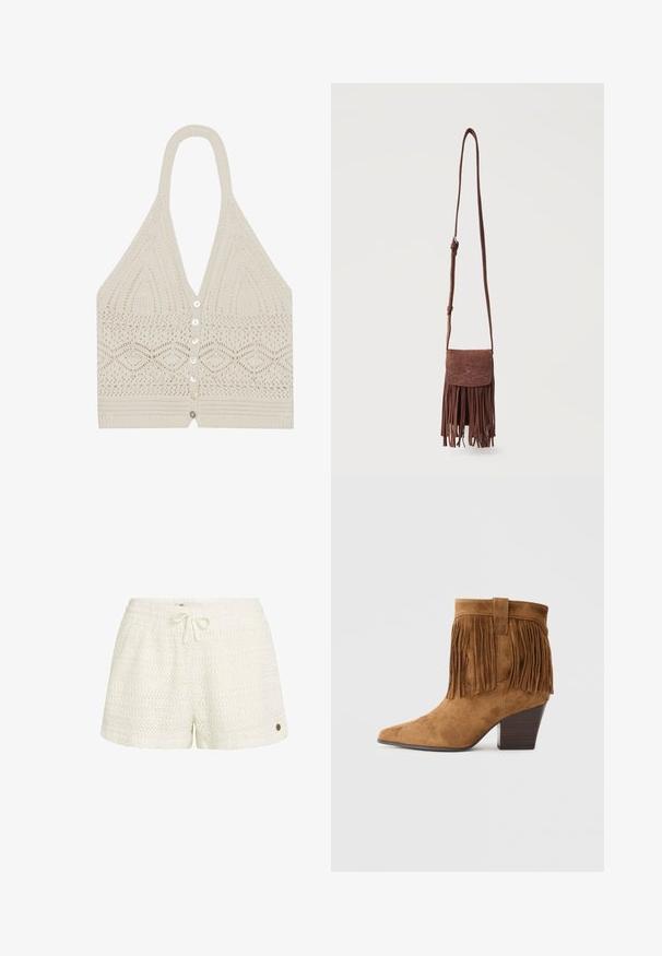 Haut halter en tricot crème, avec un motif géométrique, un décolleté en V plongeant et cinq boutons à l'avant avec une finition texturée à l'ourlet.; Short en crochet blanc avec une taille élastique et un cordon de serrage. Présente un motif texturé et un petit logo métallique sur le côté.; Bottine en cuir suédé marron avec un bout pointu, des franges au col et un talon en bois empilé. Texture lisse sur l'ensemble.; Sac bandoulière en suède marron avec longue sangle, motif décoratif cousu sur le rabat, et franges pendantes le long du bord inférieur.