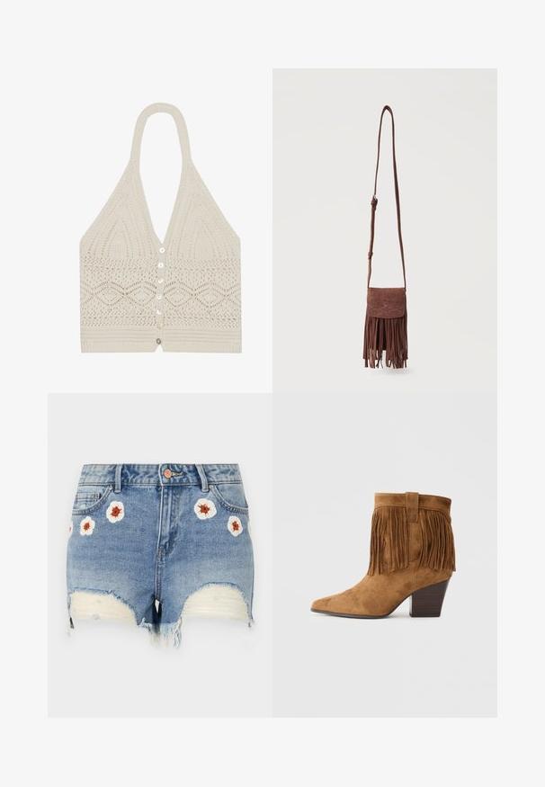 Haut halter en tricot crème, avec un motif géométrique, un décolleté en V plongeant et cinq boutons à l'avant avec une finition texturée à l'ourlet.; Shorts en denim avec un ourlet effiloché, de couleur bleu clair, ornés de broderies florales blanches et brunes sur le devant. Design à cinq poches.; Bottine en cuir suédé marron avec un bout pointu, des franges au col et un talon en bois empilé. Texture lisse sur l'ensemble.; Sac bandoulière en suède marron avec longue sangle, motif décoratif cousu sur le rabat, et franges pendantes le long du bord inférieur.