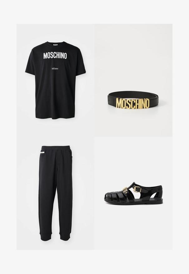 Zwarte katoenen t-shirt met ronde hals. Bevat vetgedrukte witte tekst: "MOSCHINO" erboven en "Milano" eronder. Eenvoudig, klassiek ontwerp.; Zwarte sweatpants van zachte stof, met een elastische tailleband, zijzakken en geribbelde boorden bij de enkels. Minimalistisch ontwerp.; Zwarte rubberen sandalen met uitsnijdingen, voorzien van een gouden gesp-sluiting en een textuur inlegzool. Afgedrukt logo op de hak.; Zwarte leren riem met een grote gouden "MOSCHINO" logo gesp, gladde textuur, verstelbare maat en minimalistisch ontwerp.