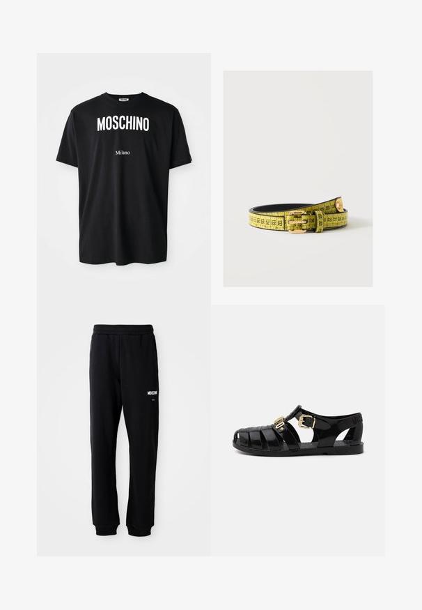 Mustmustärk puuvillane T-särk ümmarguse kaelusega. Ees on julge valge tekst: "MOSCHINO" üleval ja "Milano" all. Lihtne, klassikaline disain.; Mustad mustad, lõdva lõikega, pehmest kangast. Omab elastset vöökohta ja valget "Moschino" logo vasakul reiel.; Mustad mustad, millel on lõikekujundus, millel on kuldne lukustus ja tekstuuriga sisetald. Kinga kontsapooles on väljatrükitud logo.; Kollane vöö mustade õmblustega mõõdulindi ja kuldse Moschino brändiga pandlaga, keritud valgele pinnale.