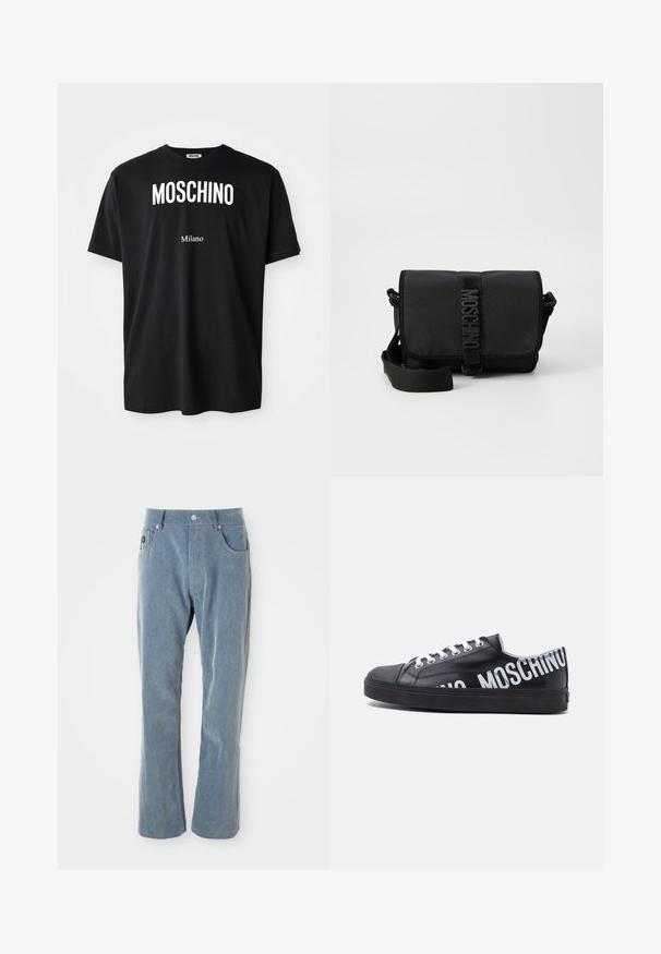 Čierne bavlnené tričko s okrúhlym výstrihom. Obsahuje výrazný biely text: "MOSCHINO" hore a "Milano" dole. Jednoduchý, klasický dizajn.; Svetlomodré kordové nohavice s gombíkovým a zipsovým uzáverom, prednými vreckami a rovnými nohavicami na bielom pozadí.; Čierna nízka teniska s bielymi šnúrkami a výrazným bielym textom "MOSCHINO", ktorý obopína pätu a bok.; Čierna nylonová crossbody taška s chlopňou, ktorá má výrazné uzatváranie na popruh s logom, nastaviteľný popruh a detaily bočného šitia.