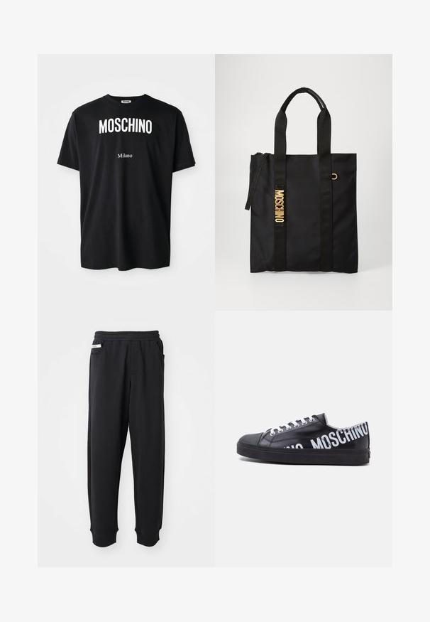 Camiseta de algodón negra con cuello redondo. Presenta un texto blanco en negrita: "MOSCHINO" arriba y "Milano" abajo. Diseño simple y clásico.; Pantalones de chándal negros de tela suave, con cinturilla elástica, bolsillos laterales y puños acanalados en los tobillos. Diseño minimalista.; Zapatilla negra de corte bajo con cordones blancos y texto audaz en blanco "MOSCHINO" que rodea el talón y el lateral.; Bolso tote negro hecho de tela suave con dos asas negras, que presenta un logo en dorado de "MOSCHINO" y un cierre superior con cremallera.
