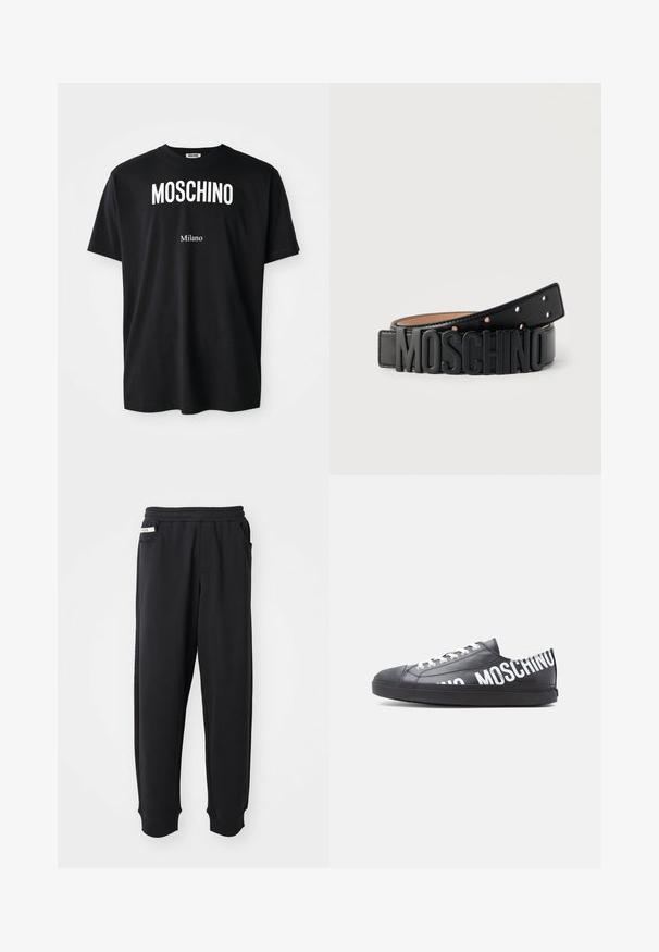 Čierne bavlnené tričko s okrúhlym výstrihom. Obsahuje výrazný biely text: "MOSCHINO" hore a "Milano" dole. Jednoduchý, klasický dizajn.; Čierne tepláky vyrobené z mäkkého materiálu, s elastickým pásom, bočnými vreckami a rebrovanými manžetami na členkoch. Minimalistický dizajn.; Čierna nízka teniska s bielymi šnúrkami a nápisom „MOSCHINO“ vytlačeným veľkými bielymi písmenami po boku a na päte.; Čierny kožený opasok s veľkými čiernymi písmenami „MOSCHINO“ ako prackou, zobrazený stočený na sivom pozadí.