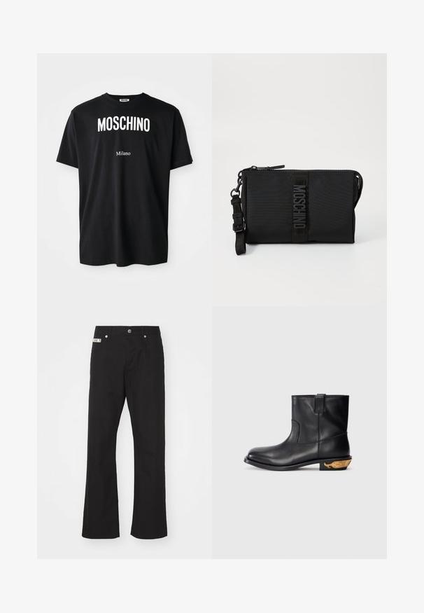 Mustmustärk puuvillane T-särk ümmarguse kaelusega. Ees on julge valge tekst: "MOSCHINO" üleval ja "Milano" all. Lihtne, klassikaline disain.; Mustad puuvillased püksid sirge jala disainiga, ees nupuga sulgemine, kahe küljetaskuga ja väikese brändi sildiga vöökohtade peal.; Mustvalge nahast ankle-botid sujuva pinnaga, ümarate varvastega ja kuldse aksendiga vaala motiiviga kontsapool. Minimalistlik disain.; Must must läikiv must nailonist kott tekstuurse logoplaadiga, lukuga sulgemine ja reguleeritav rihm. Kompaktne ristkülikuline kuju.