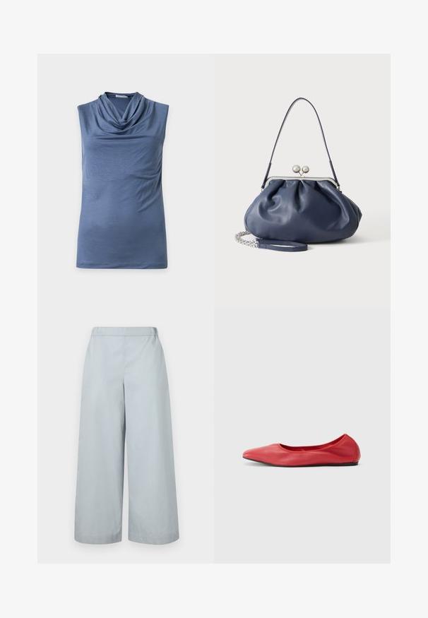 Modrý top bez rukávov s preloženým šálovým výstrihom, vyrobený z mäkkej látky, zobrazený na svetlom pozadí.; MM by MaxMara ANTILLE - Nohavice - light blue; Filippa K REY FLATS - Balerínky - bright red; Mäkká námornícky modrá kožená kabelka so strieborným zapínaním, jedným ramenným popruhom a odnímateľným reťazovým náramkom na bielom pozadí.