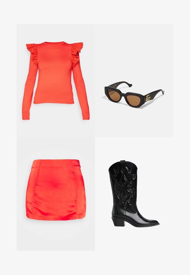 Langærmet top i lys orange, med rynkede ærmer med hulmønster, lavet af et blødt, strækbart stof.; Gina Tricot Petite RIO - Mini skirts - ribbon red; Sort læder cowboystøvle med stikninger af dekorative mønstre, spids tå, mellemhøj skrå hæl og trækstrop på toppen af skaftet.; Skildpaddedesign solbriller med brune linser. Bred katteøjneshape. Har et guld GG-logo på siden. Glat plastmateriale med en blank finish.