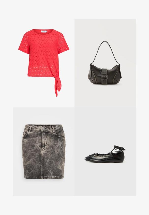 Blusa roja de manga corta con patrón de ojales en forma de diamante y detalle de lazo lateral en el dobladillo, hecha de tela ligera.; Minifalda de mezclilla en negro con un patrón de estrellas desvanecido. Presenta una cintura alta, cinco bolsillos y costuras en contraste. Cierre clásico de botón.; Zapatos planos tipo ballet de charol negro con punta redondeada, diseño con cordones y suela plana. Textura lisa con detalles mínimos.; Bolso de hombro de cuero negro con detalle de correa con hebilla, bordes curvos y costuras blancas en contraste sobre un fondo liso.