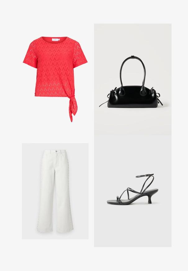 Blusa roja de manga corta con patrón de ojales en forma de diamante y detalle de lazo lateral en el dobladillo, hecha de tela ligera.; Vaqueros blancos de tiro alto y pierna ancha con bolsillos frontales, trabillas para cinturón, cierre con botón y detalle decorativo de cordones laterales en ambas piernas.; Sandalias negras de tacón con tiras finas, diseño de punta abierta y un pequeño tacón acampanado. El material parece suave y brillante.; Pequeño bolso negro brillante con dos asas largas y detalles de cordón lateral sobre un fondo claro liso.