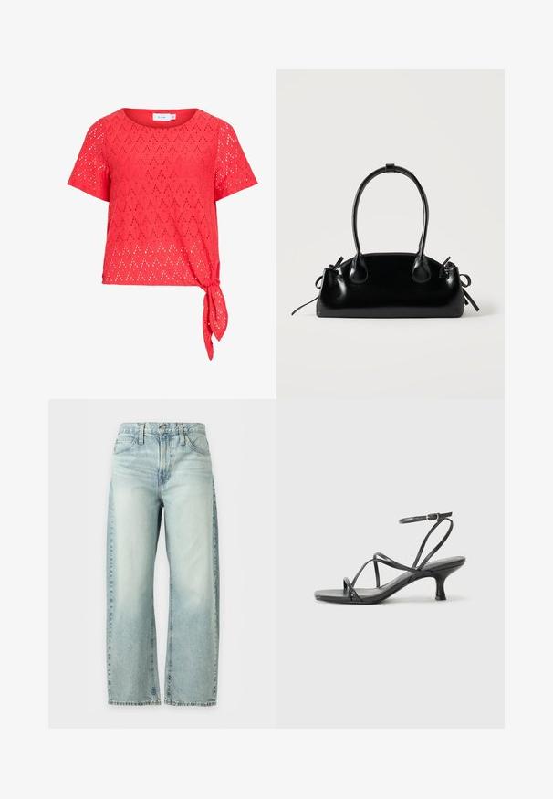 Blusa roja de manga corta con patrón de ojales en forma de diamante y detalle de lazo lateral en el dobladillo, hecha de tela ligera.; Vaqueros azul claro de pierna ancha con bolsillos delanteros, trabillas para cinturón y cierre de botón, mostrados sobre un fondo blanco.; Sandalias negras de tacón con tiras finas, diseño de punta abierta y un pequeño tacón acampanado. El material parece suave y brillante.; Pequeño bolso negro brillante con dos asas largas y detalles de cordón lateral sobre un fondo claro liso.