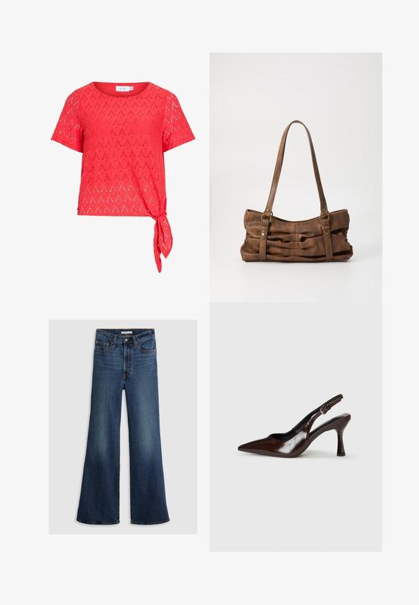 Rote Kurzarm-Bluse mit Diamant-Ösenmuster und seitlicher Bindeband-Detail am Saum, aus leichtem Stoff gefertigt.; Weite Jeans aus dunkelblauem Denim mit hoher Taille, Fünf-Taschen-Design und kontrastierenden Nähten entlang der Nähte und des Bunds.; Braune lackleder Slingback-Absätze mit spitzem Zehen, einem dünnen Absatz und einem verstellbaren Riemen mit einer kleinen Schnalle.; Even&Odd by Zalando Handtasche - brown