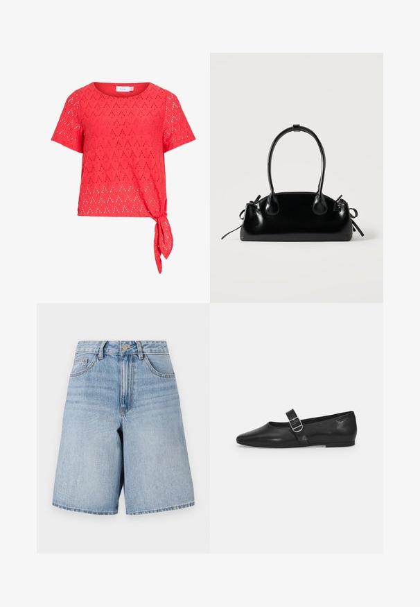Rode korte mouwen blouse met diamantvormig oogjespatroon en een zijknoopdetail aan de zoom, gemaakt van lichtgewicht stof.; Lichtblauwe denim shorts met een hoge taille, wijde pijpen en voorzakken. Voorzien van een bovenste knoop en een ritsluiting. Versleten afwerking.; Zwarte leren platte schoen met een ronde neus, een enkele verstelbare gespsluiting en een gladde, glanzende textuur. Minimalistisch ontwerp met een lage hak.; Kleine zwarte glanzende handtas met twee lange hengsels en zijkant trekkoord details op een effen lichte achtergrond.