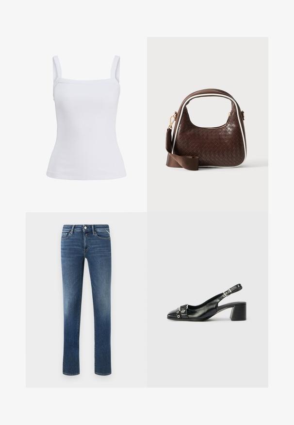 Hvid ribbet tanktop med brede skulderstropper og lige halsudskæring, vist på en ensfarvet baggrund.; Mørkeblå denim jeans med lige ben, mid-rise talje, forlommer og klassisk syning. Har en metalknap og lynlåslukning.; Sorte læder slingback hæl med spids tå, tekstureret rem med cirkulære metalliske accenter, og en stablet blokhæl.; Brun vævet læderhåndtaske med hvid piping, guldfarvet lynlås og aftagelig brun stofskulderrem.