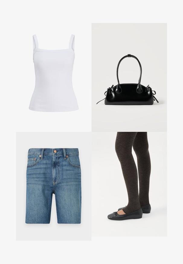 Witte geribde tanktop met brede schouderbandjes en een rechte halslijn, weergegeven op een effen achtergrond.; Lichtblauwe denim shorts met een klassiek snit, vijf zakken en koperen accenten voor contrast. Geweven, middelzwaar materiaal.; Benen met donkere geribbelde leggings gecombineerd met zwarte ballerina's met kleine strikdetails op een witte achtergrond.; Kleine zwarte glanzende handtas met twee lange hengsels en zijkant trekkoord details op een effen lichte achtergrond.