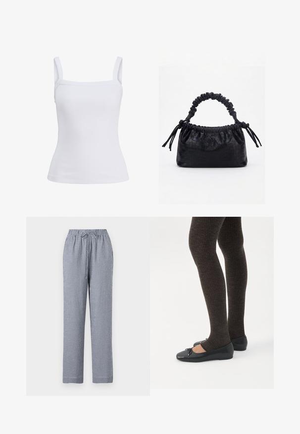 Débardeur blanc côtelé avec larges bretelles et encolure droite, présenté sur un fond uni.; Pantalons à carreaux bleus et blancs avec une taille élastique et un cordon de serrage, présentant un design à jambes droites et un tissu léger.; Jambes portant des leggings côtelés foncés associés à des ballerines noires avec de petits détails en nœud sur fond blanc.; Sac à main noir avec texture crocodile, bord supérieur froncé, poignée plissée et pompons à cordon de chaque côté sur fond blanc.