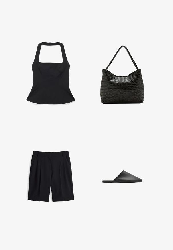 Schwarzes ärmelloses Oberteil mit quadratischem Ausschnitt und tailliertem Schnitt, ausgestattet mit einem Reißverschluss auf der Rückseite.; Schwarze Shorts aus leichtem Stoff, mit hoher Taille, vorderen Falten und seitlichen Taschen. Glatte Textur mit elastischem Bund.; Schwarzer Slip-On-Schuh aus Leder mit spitzer Spitze und glatter Textur, der ein minimalistisches Design und eine flache Sohle aufweist.; Schwarze Schultertasche aus gewebtem Leder mit einem einzelnen geflochtenen Griff und einer weichen, abgerundeten rechteckigen Form.
