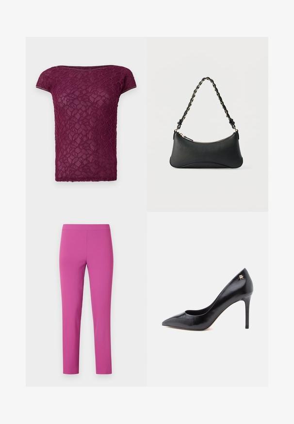 Camiseta de encaje burdeos con mangas cortas, cuello redondo y un patrón floral texturizado en toda la prenda. Tejido ligero y semi-translúcido.; Pantalones ajustados de cintura alta en un vibrante color rosa, hechos de una tela lisa y elástica. Corte hasta los tobillos sin bolsillos ni cierres visibles.; Zapato de tacón alto de cuero negro con punta puntiaguda, con un diseño recortado y un pequeño detalle de logo dorado en el talón.; Bolso de hombro de cuero negro con forma rectangular curvada, cadena dorada entrelazada en una correa negra trenzada y cierre superior con cremallera.