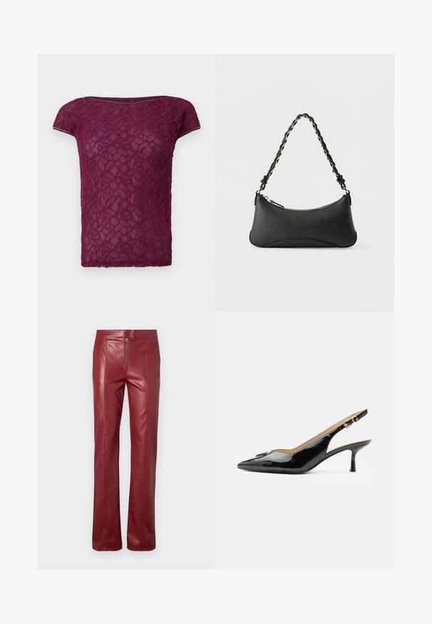 T-shirt en dentelle bordeaux avec des manches courtes, un col rond et un motif floral texturé. Tissu léger et semi-transparent.; Pantalon en cuir rouge à coupe slim, avec une fermeture éclair à l'avant et une texture lisse. Le design comprend des détails de couture subtils le long des jambes.; Escarpin slingback en cuir verni noir avec bout pointu, petit talon kitten et bride à boucle argentée sur fond blanc uni.; Sac à bandoulière en cuir noir de forme rectangulaire incurvée, avec une chaîne dorée tissée dans la bandoulière noire tressée et une fermeture éclair sur le dessus.
