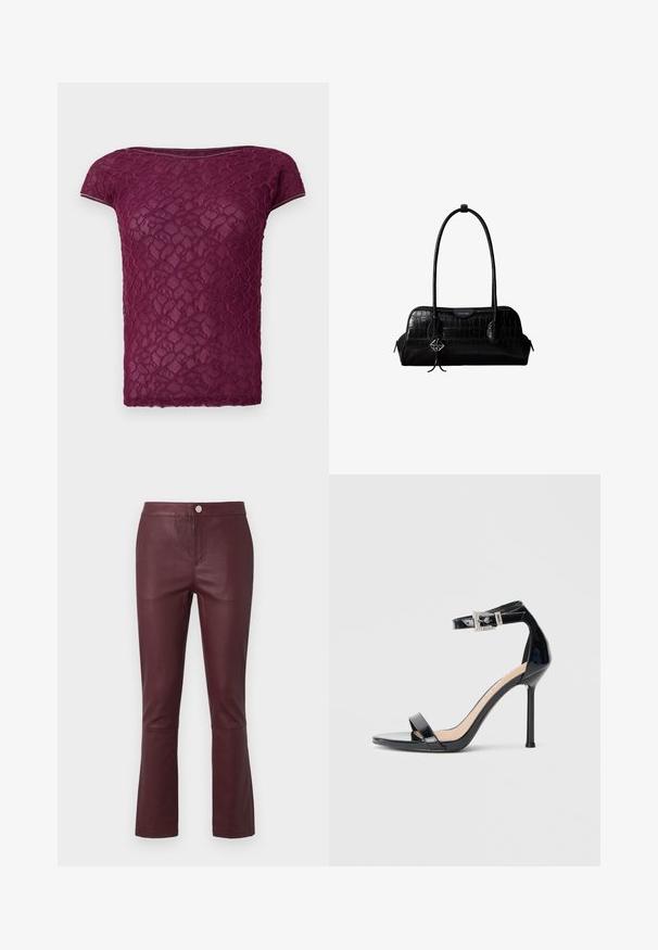 T-shirt en dentelle bordeaux avec des manches courtes, un col rond et un motif floral texturé. Tissu léger et semi-transparent.; Pantalons en simili cuir bordeaux avec une coupe slim, ourlet évasé, poches latérales et fermeture à bouton en métal à la taille. Texture lisse.; Sandale à talon haut en cuir verni noir avec bride à la cheville. Présente un design minimaliste, un bout ouvert et une boucle ornée de strass.; Sac à épaule en cuir noir à texture crocodile, avec de longues sangles et un petit charm logo argenté sur une sangle.