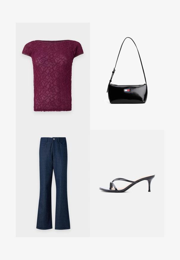 Bordeaux blonde t-shirt med korte ærmer, en rund halsudskæring og et struktureret blomsterdesign hele vejen igennem. Let og semi-gennemsigtigt stof.; Mørkeblå jeans med bredde i buksebenene, der har et prikket mønster over hele, fem lommer og knaplukning i metal. Fremstillet af denimstof.; Sort laklædersandal med hæl, tynde krydsede remme og en slank mellemhøj stilethæl på en hvid baggrund.; Sort patenteret læder skuldertaske med en buet rem, lynlåslukning og et rektangulært logo patch i rød, hvid og blå.
