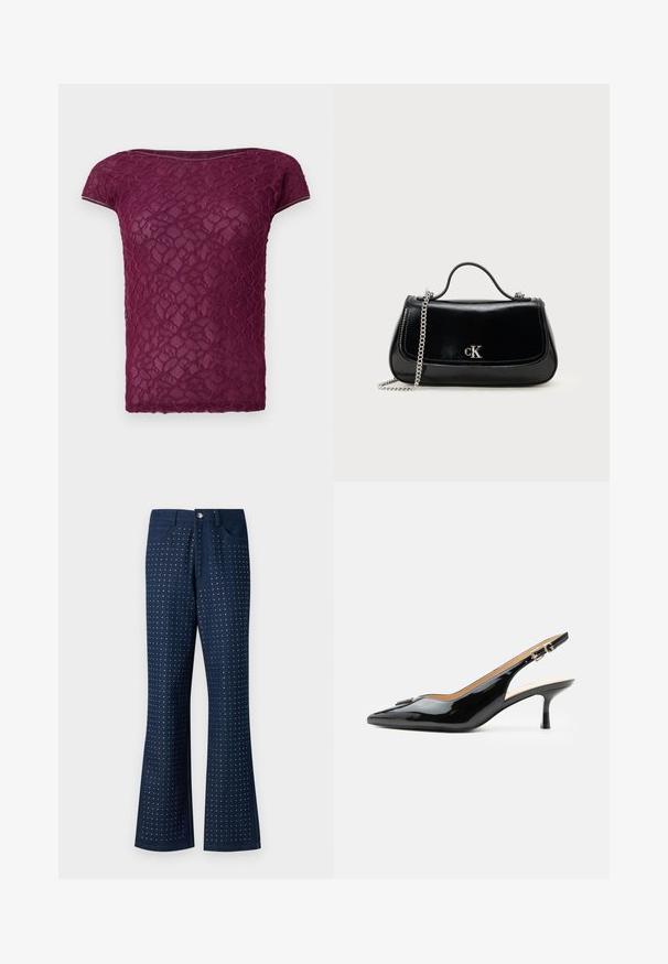 Bordeaux blonde t-shirt med korte ærmer, en rund halsudskæring og et struktureret blomsterdesign hele vejen igennem. Let og semi-gennemsigtigt stof.; Mørkeblå jeans med bredde i buksebenene, der har et prikket mønster over hele, fem lommer og knaplukning i metal. Fremstillet af denimstof.; Sort patentlæder slingback hæl med spids tå, lille kitten hæl og sølvspænde på en ensartet hvid baggrund.; Sort læderhåndtaske med en kædestrop, struktureret form og et sølvlogo. Glat overflade med flaplukning.