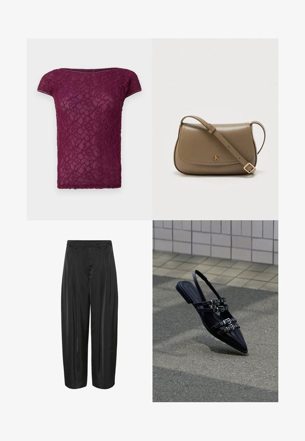 T-shirt en dentelle bordeaux avec des manches courtes, un col rond et un motif floral texturé. Tissu léger et semi-transparent.; Pantalons noirs à jambes larges avec plis sur le devant, passants de ceinture et ajusteurs latéraux à boutons, fabriqués en tissu brillant.; Sandale plate noire à bout pointu avec plusieurs sangles à boucle et un talon arrière, positionnée au-dessus d'une surface pavée et d'un mur carrelé en arrière-plan.; Sac bandoulière en cuir marron à forme arrondie, avec un logo "cK" doré et une sangle réglable. Texture lisse, design minimaliste.