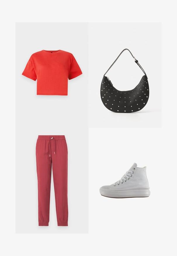 T-shirt rouge court en coton, avec un col rond et des manches courtes. Texture lisse sans motifs ni accents visibles.; Pantalons légers rouges, fuselés, avec une taille élastique et un cordon de serrage. Comprend des poches aux chevilles et une texture douce.; Baskets montantes en toile blanche avec lacets blancs, œillets métalliques, semelle épaisse en caoutchouc et bout texturé, orientées vers la gauche sur fond blanc.; Sac à main en cuir noir avec une forme arrondie, orné de clous en argent, doté d'une fermeture éclair et d'une seule sangle ajustable.