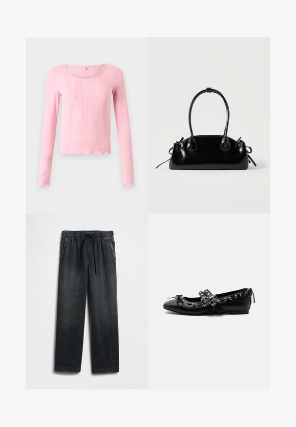 Langärmliges pinkfarbenes Oberteil aus geripptem Stoff, mit rundem Ausschnitt und einem wellenförmigen Saum am unteren Rand und den Bündchen.; Schwarze Jeanshose mit einem elastischen Bund und Kordelzug, weitem Bein und dezentem Used-Effekt. Mit zwei Seitentaschen.; Schwarzer flacher Ballettschuh mit doppelten Schnallenriemen, silbernen Ösen und einer kleinen Schleife nahe der abgerundeten Spitze auf weißem Hintergrund.; Kleine schwarze glänzende Handtasche mit zwei langen Griffen und seitlichen Kordelzug-Details vor einfachem hellem Hintergrund.