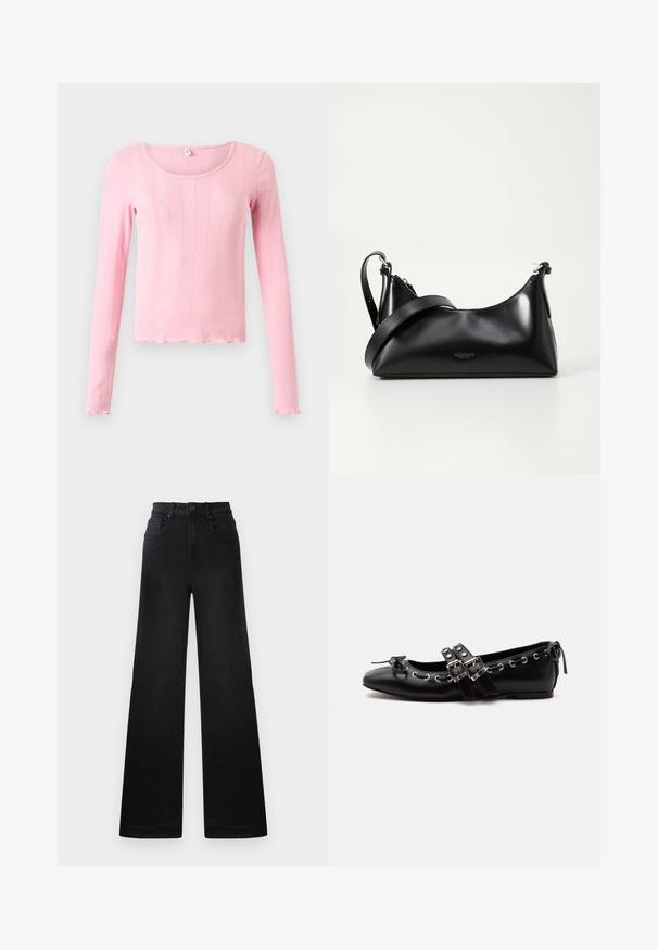 Top de manga larga rosa hecho de tejido acanalado, con escote redondeado y un dobladillo ondulado en la parte inferior y los puños.; Pantalones de mezclilla negros de pernera ancha con cintura ajustada, que cuentan con trabillas para el cinturón, bolsillos delanteros y traseros, y una textura suave.; Zapato de ballet plano negro con correas de doble hebilla, ojales plateados y un pequeño lazo cerca de la puntera redondeada sobre un fondo blanco.; Bolso de mano de cuero negro con una textura suave. Cuenta con una correa ajustable y un diseño elegante y minimalista con cierre de cremallera.