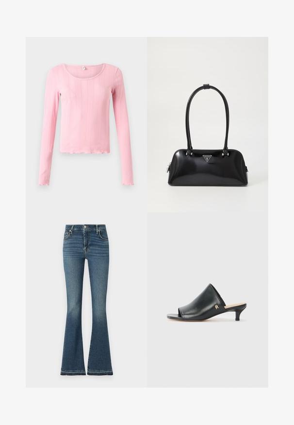 Langærmet lyserød top lavet af ribstrikket stof med rund halsudskæring og bølget kant forneden og ved ærmekanterne.; Bredde jeans i mellemblå denim med høj talje, diskret slid, fem-lommemodel og synlige syninger.; Sorte læder open-toe mules med en lav hæl. Har en glat overflade og et guld logo-prim på siden.; Sort glanshandtaske med en buet silhuet, to håndtag og en frontlogo-plakette. Lynlås lukning og skinnende hardware-detaljer.