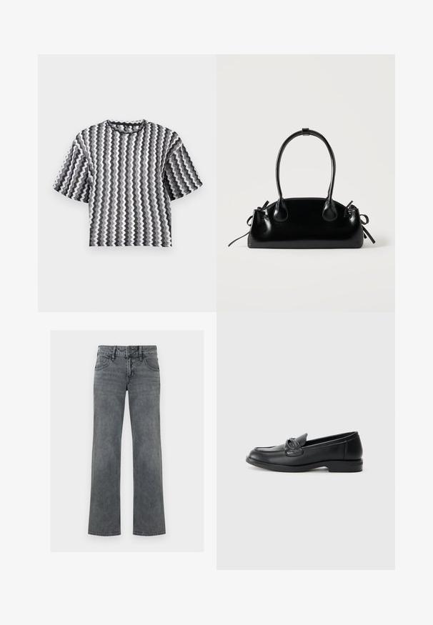 Kortærmet strikket top med sorte, hvide og grå zigzag lodrette striber og rund halsudskæring, vist på en ensfarvet baggrund.; Grå denimjeans med lige ben, lynlås og knap foran samt fem-lomme-design, vist mod en hvid baggrund.; Sorte læder loafers med rund tå, en syet design og en sløjfeaccent på overlappen. Lav blokhæl og glat tekstur.; Lille sort blank håndtaske med to lange håndtag og snøre-detaljer i siden på en ensfarvet lys baggrund.