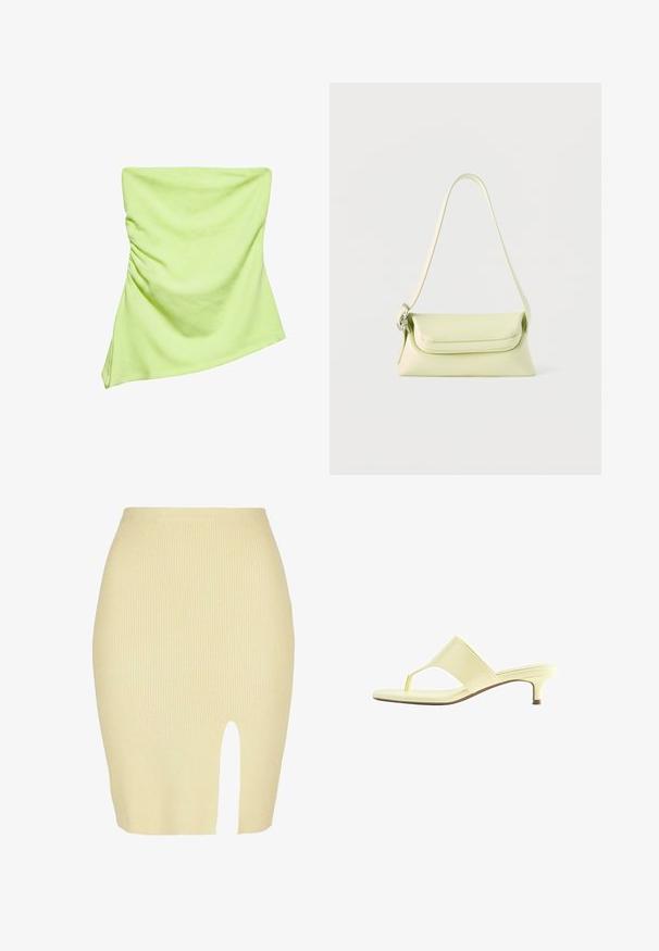 Lysegrøn strapless top med let rynkning på venstre side og asymmetrisk kant.; Ribbet midi nederdel i lysegul med slidsdetalje foran, der har en tætsiddende silhuet og en blød tekstur.; Lysegul hælsandal med en tåremme og lav kittenhæl, vist i profil på hvid baggrund.; Lysegrøn læderhåndtaske med en enkelt rem og klaplukning, vist mod en hvid baggrund.
