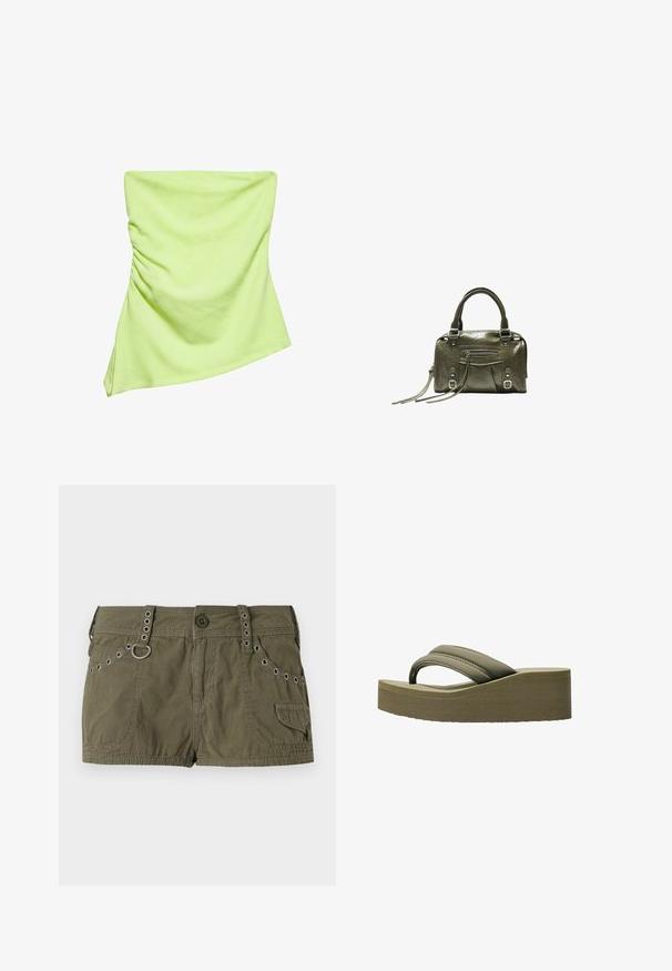 Hellgrünes trägerloses Top mit leichter Raffung auf der linken Seite und asymmetrischem Saum.; Olivgrüne Shorts aus leichtem Stoff, mit einem Bund mit Metallakzenten und seitlichen Taschen. Texturierte Oberfläche mit Nähdetails.; Olivgrüne Plattformflip-Flops mit einem breiten Riemen und strukturierten Sohle, ausgestattet mit einer glatten Oberfläche und einem geschwungenen Design für zusätzlichen Komfort.; Olivgrüne Lederhandtasche mit doppelten Griffen, Frontreißverschlusstasche, Schnallendetails und langen Quasten auf weißem Hintergrund.