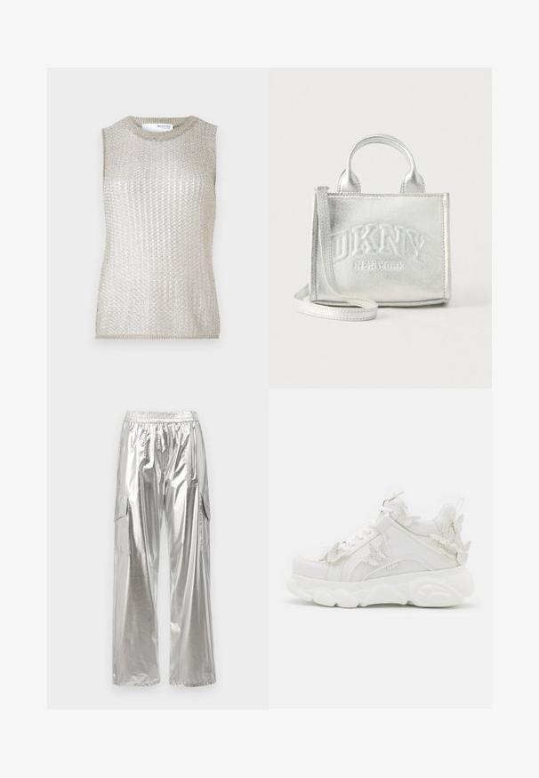 Ærmeløs top i metallisk sølv strikstof. Har en ribbet struktur og en rund hals. Enkel, tætsiddende design uden ekstra detaljer.; MCM METALLIC PANTS - Cargobukser - silver; Hvid chunky sneaker med tyk sål og dekorative 3D sommerfugle detaljer på siden, snørebånd og hæl.; Lille metalklart sølv håndtaske med to håndtag, en aftagelig rem og et prægget "DKNY New York" logo foran.