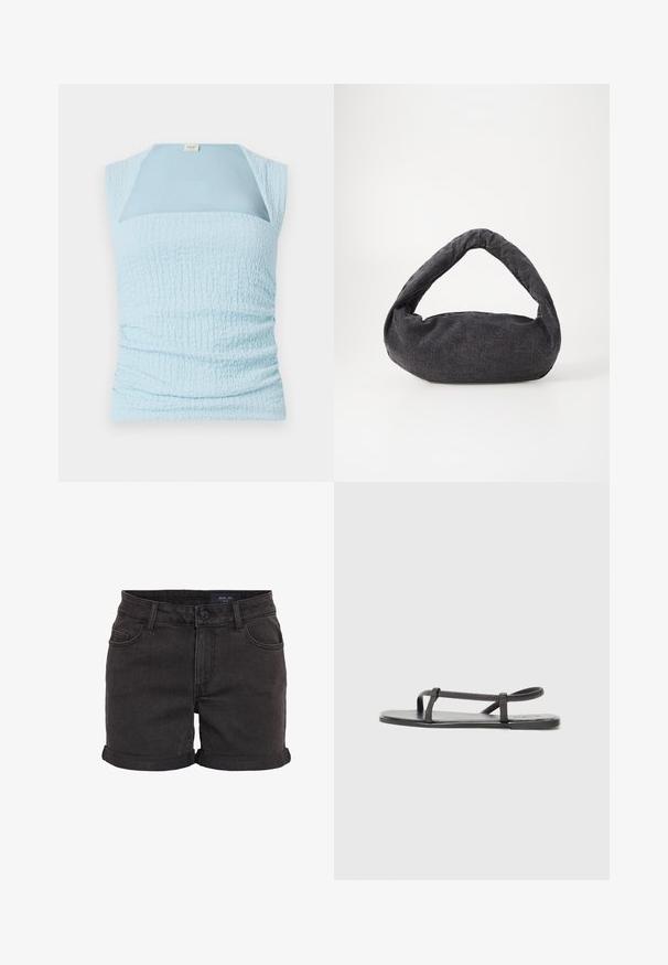 Top sin mangas de color azul claro con un diseño texturizado y recogido, y un panel liso en contraste en el escote.; Pantalones cortos de mezclilla negros con puños enrollados, que cuentan con un diseño de cinco bolsillos y un cierre de botón en la cintura. Textura suave, ajuste casual.; Sandalias planas negras con tiras delgadas y texturizadas en un diseño minimalista. La suela es lisa y la forma general es elegante y sobria.; Bolsa de tela gris oscuro con un asa curva, textura suave y forma redondeada. Sin hardware ni adornos visibles.