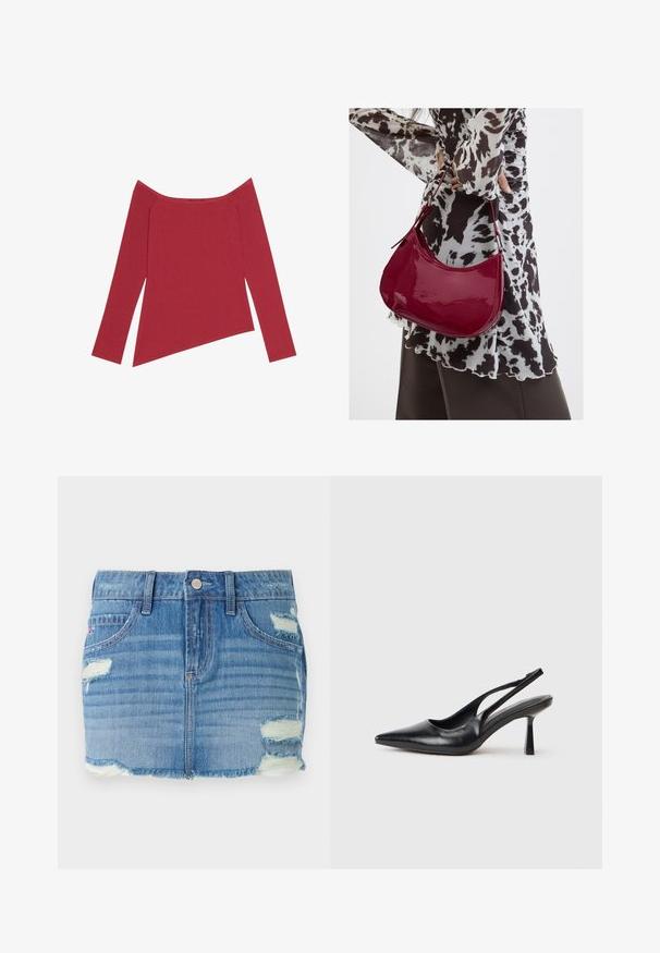 Rode off-the-shoulder top met lange mouwen, geribbelde textuur en een asymmetrische zoom, met een gladde afwerking en subtiele naden.; Denim mini-jurk in lichtblauw met een versleten afwerking. Kenmerkt zich door een rafelige zoom, vervaagde delen en verschillende scheuren. Voorzijde met knoopsluiting en zakken.; Zwarte leren slingback hoge hak schoenen met puntige neus en slanke hak op een witte achtergrond.; Vrouw met een zwart-wit gebloemde blouse houdt een glanzende rode schoudertas vast tegen een effen achtergrond.