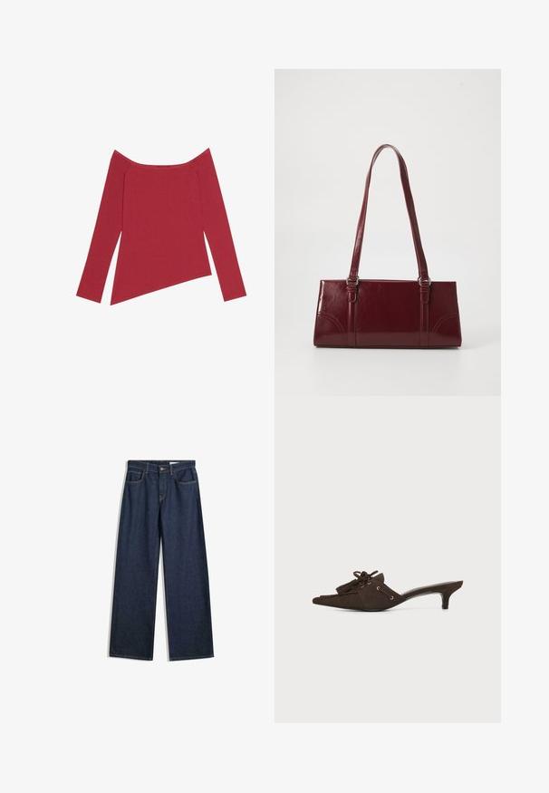 Rød off-the-shoulder top med lange ærmer, ribbet tekstur og asymmetrisk kant, der har en glat overflade og subtile sømme.; Bredde ben mørke denimjeans med fem lommer, synlig syning og knaplukning. Har en lige pasform og let slid.; Mørkebrun ruskindspunktet mule med lav kittenhæl, dekorative kvaster og blonderdetalje på hvid baggrund.; Bordeaux håndtaske lavet af glansfuldt materiale, rektangulær form, med to skulderremme og subtile buede detaljer på forsiden.