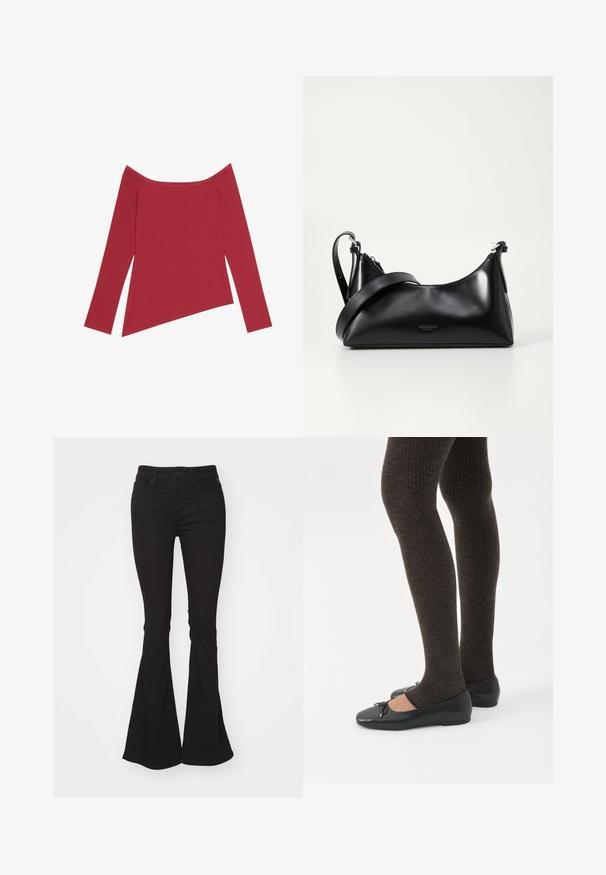 Rode off-the-shoulder top met lange mouwen, geribbelde textuur en een asymmetrische zoom, met een gladde afwerking en subtiele naden.; Zwarte flared jeans met een hoge taille, voorzien van een standaard knoop- en ritssluiting, twee voorzakken en een licht gestructureerde stof.; Benen met donkere geribbelde leggings gecombineerd met zwarte ballerina's met kleine strikdetails op een witte achtergrond.; Zwarte leren handtas met een gladde textuur. Beschikt over een verstelbare schouderband en een strak, minimalistisch ontwerp met een ritssluiting.