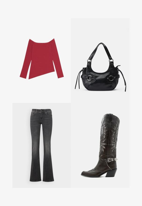 Rode off-the-shoulder top met lange mouwen, geribbelde textuur en een asymmetrische zoom, met een gladde afwerking en subtiele naden.; Donkergrijze spijkerbroek met een subtiele vervaging, gemiddelde taille, knoopsluiting en lichte flare aan de pijpen.; Zwarte leren cowboylaars met decoratieve uitsnijdingen, zilveren gesp en schuine hak, weergegeven op een witte achtergrond.; Zwarte leren handtas met een afgeronde vorm, voorzien van twee zijgespen, een gladde textuur en een korte schouderband. Accenten zijn onder andere zijfranjes.