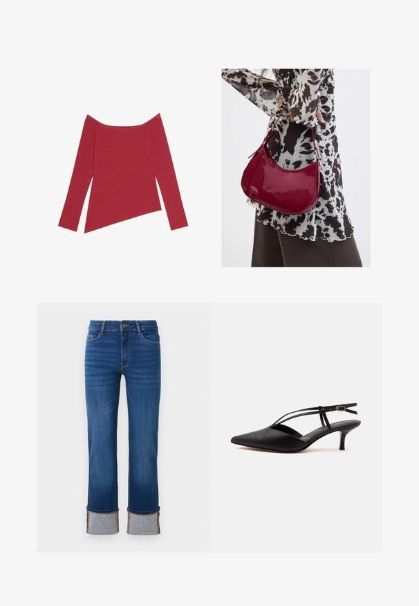 Rode off-the-shoulder top met lange mouwen, geribbelde textuur en een asymmetrische zoom, met een gladde afwerking en subtiele naden.; Blauwe denim jeans met een rechte pijp, voorzien van opgerolde manchetten in lichtgrijs. Middenhoogte taille en traditionele vijf-pocketdesign.; Zwarte leren pumps met spits toelopende neus, kittenheel met dunne enkelriem en gesp, slingback ontwerp, op een effen lichte achtergrond.; Vrouw met een zwart-wit gebloemde blouse houdt een glanzende rode schoudertas vast tegen een effen achtergrond.