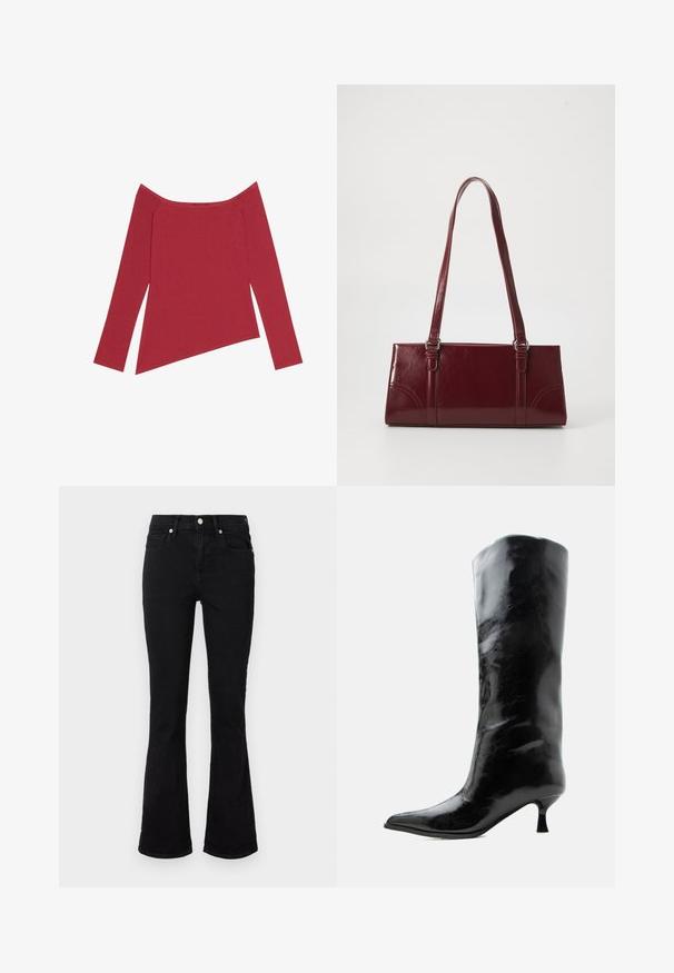 Rode off-the-shoulder top met lange mouwen, geribbelde textuur en een asymmetrische zoom, met een gladde afwerking en subtiele naden.; Zwarte flared jeans van denim, met een middelhoge taille, voorzakken en knoopsluiting. Soepele textuur met minimale stikdetails.; Zwarte glanzende kniehoge leren laars met puntige neus en lage gebogen hak op een effen lichte achtergrond.; Bourgondische handtas van glanzend materiaal, rechthoekige vorm, met twee schouderbanden en subtiele gebogen accenten aan de voorkant.