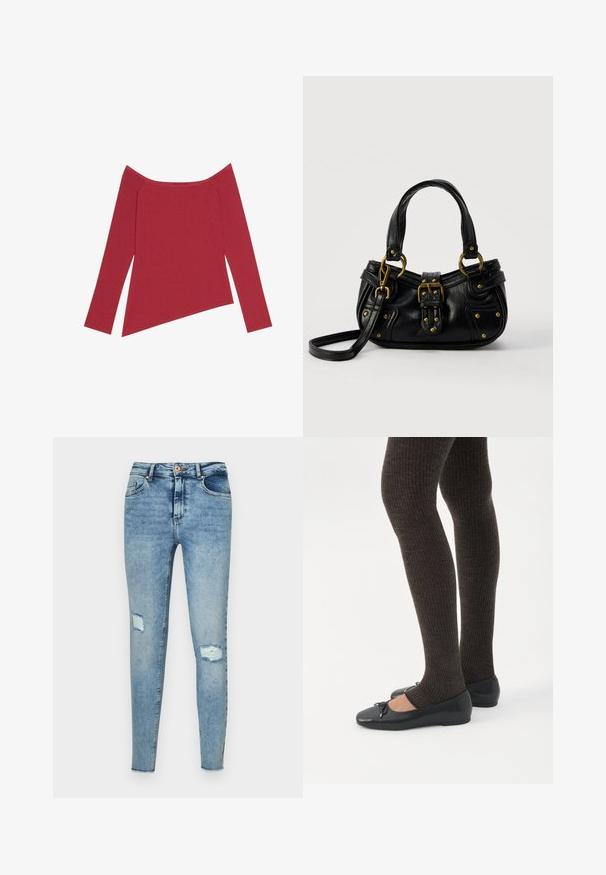 Haut rouge dénudé d'une épaule avec des manches longues, texture côtelée, et un ourlet asymétrique, présentant une finition lisse et des coutures discrètes.; Jeans en denim bleu skinny avec un délavage clair, dotés d'une taille haute, de poches avant visibles, et d'un tissu déchiré avec deux déchirures au niveau des genoux.; Jambes portant des leggings côtelés foncés associés à des ballerines noires avec de petits détails en nœud sur fond blanc.; Sac à main en cuir noir avec boucle dorée et détails à rivets, poignées courtes et bandoulière réglable sur fond blanc uni.
