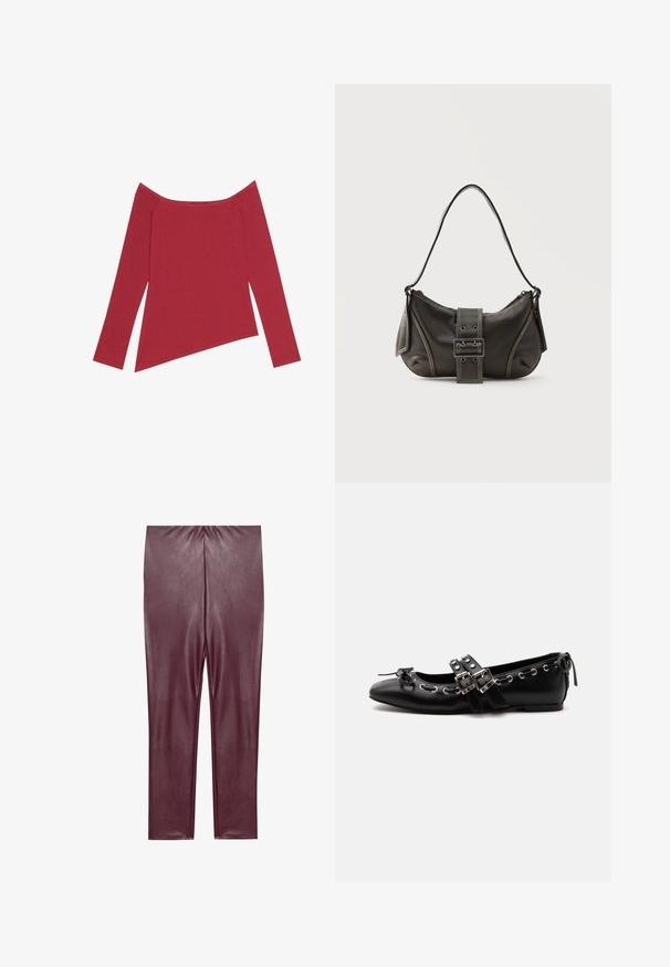 Rød off-the-shoulder top med lange ærmer, ribbet tekstur og asymmetrisk kant, der har en glat overflade og subtile sømme.; Bordeaux faux læder leggings med en glat tekstur, høj talje og tætsiddende design, der strækker sig til anklerne uden yderligere detaljer.; Sort flad balletsko med dobbelt spænde, sølvøjer og en lille sløjfe nær den runde tå på en hvid baggrund.; Sort læder skuldertaske med spænde på remmen, afrundede kanter og kontrasterende hvide syninger på en ensfarvet baggrund.