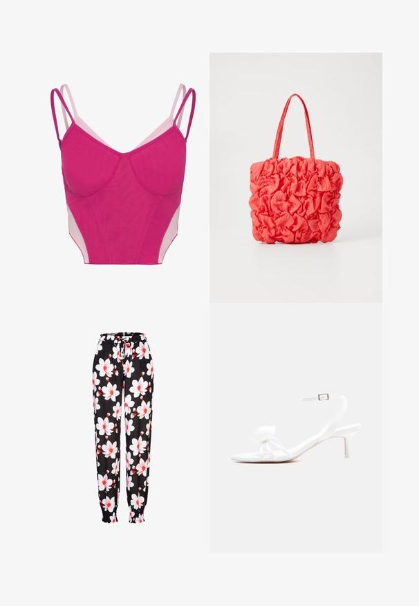 Top corto rosa brillante con finas tiras dobles en los hombros y paneles de malla en los laterales.; Pantalones de tela negra con patrón floral en blanco y rojo, con cintura elástica y cordón ajustable, y puños fruncidos. Material ligero.; Sandalia blanca con tiras, tacón bajo tipo kitten, correa con hebilla en el tobillo y una flor decorativa en la tira delantera.; Bolsa de mano coral con un diseño texturizado y fruncido. Hecha de una tela suave, cuenta con dos asas resistentes y un interior espacioso.