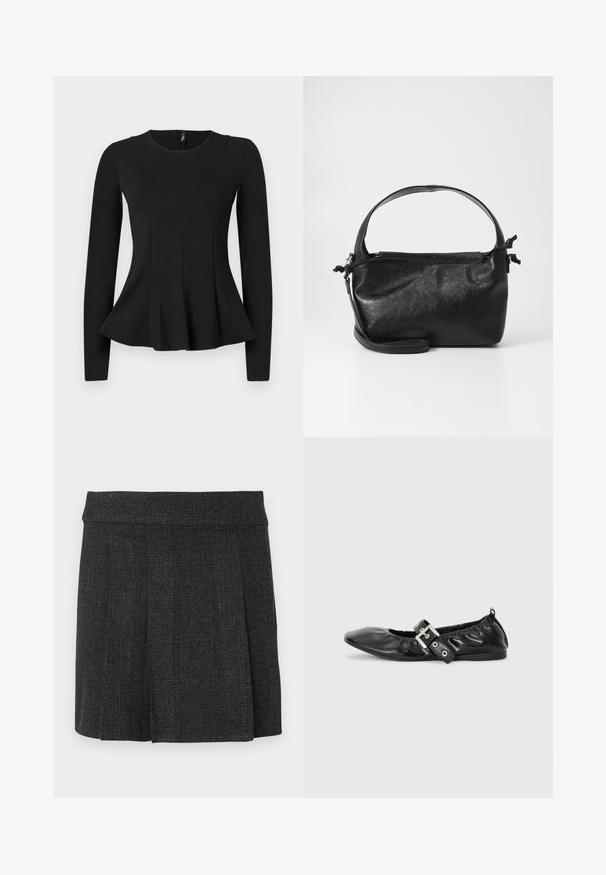 Haut noir à manches longues avec un col rond, présentant un ourlet en peplum et des coutures pour un ajustement structuré. Fabriqué en tissu lisse.; Jupe noire plissée en tissu texturé. Ceinture mi-haute avec des lignes épurées. Coupe classique adaptée à diverses occasions.; Chaussure plate en cuir noir avec un nez pointu, des détails froncés autour de l'ouverture et un accent en boucle argentée sur la bride ajustable.; Sac à main en cuir noir au design structuré, avec une poignée arrondie et une bandoulière amovible. Présente une texture lisse et un éclat subtil.